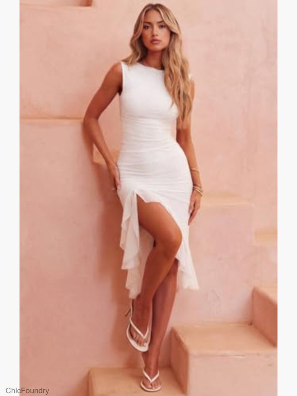 Sleeveless Ruched Bodycon Midi Dress with Asymmetrical Ruffle Hem - Picture 2 of 7